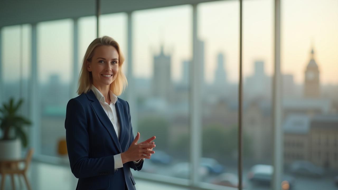 A confident professional delivering a persuasive business presentation in a modern London office